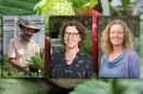 A photo showing NHAES researchers Becky Sideman, 丽丝马奥尼, 和汤姆·戴维斯, overlayed on an image of a strawberry